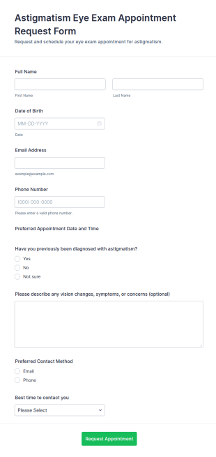 Astigmatism Eye Exam Appointment Request Form Template