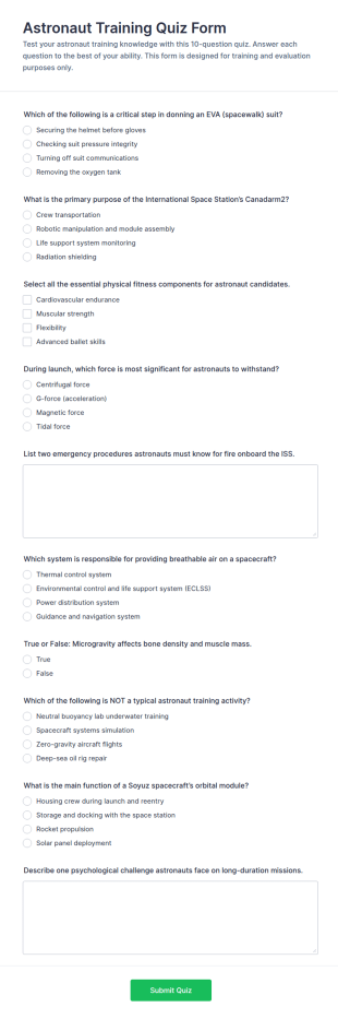 Astronaut Training Quiz Form Template