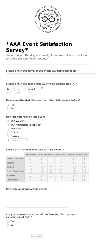 Astronomy Event Satisfaction Survey Form Template