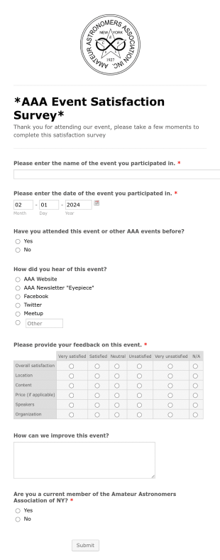 presentation of a survey Astronomy Event Satisfaction Survey Form Template