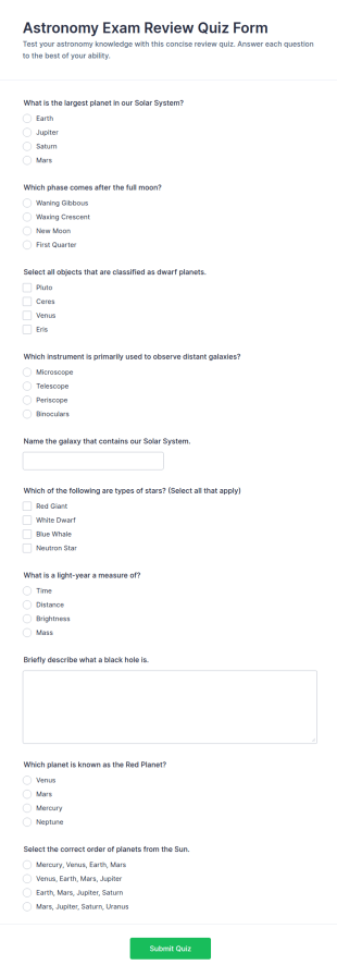 Astronomy Exam Review Quiz Form Template