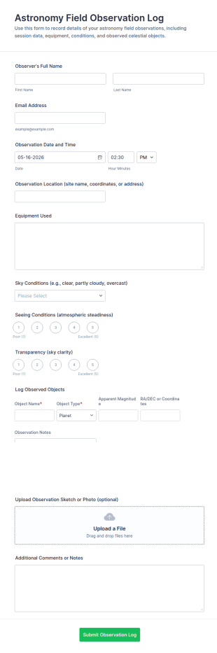 Astronomy Field Observation Log Form Template