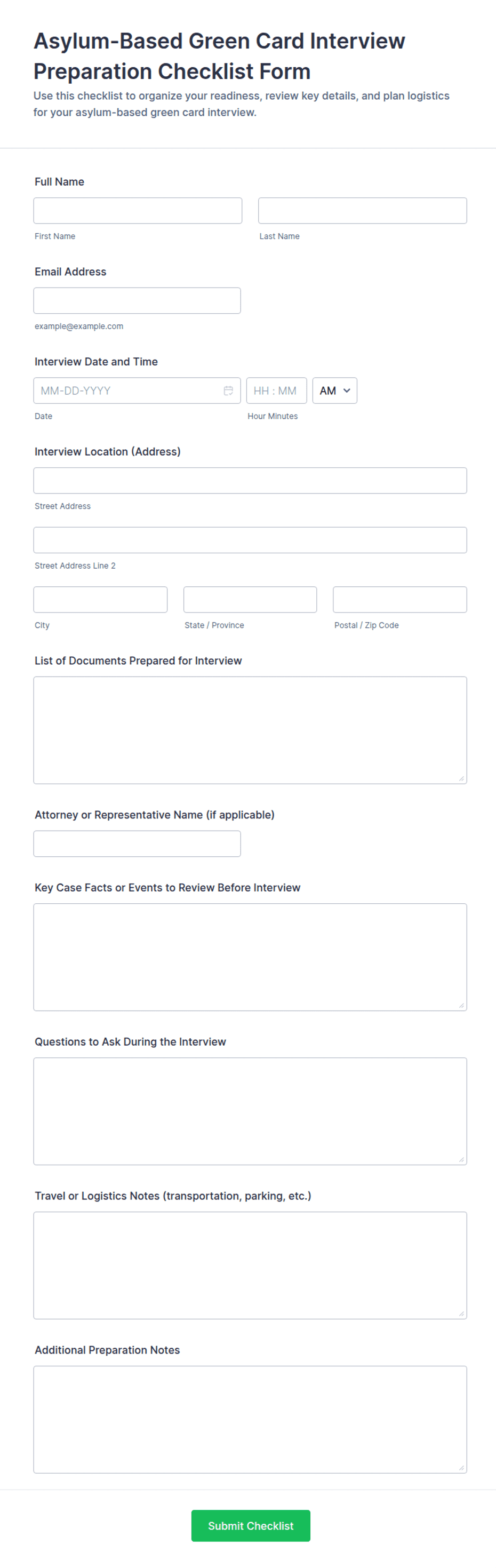 Asylum-Based Green Card Interview Preparation Checklist Form Template ...