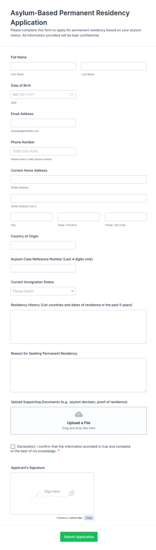 Asylum Based Permanent Residency Application Form Template