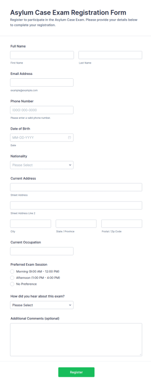 Asylum Case Exam Registration Form Template