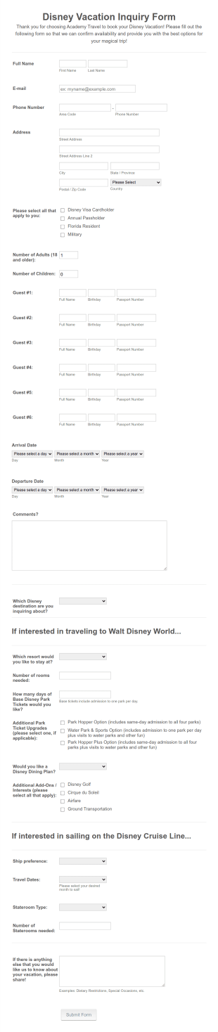 **AT Disney Vacation Inquiry Form Template