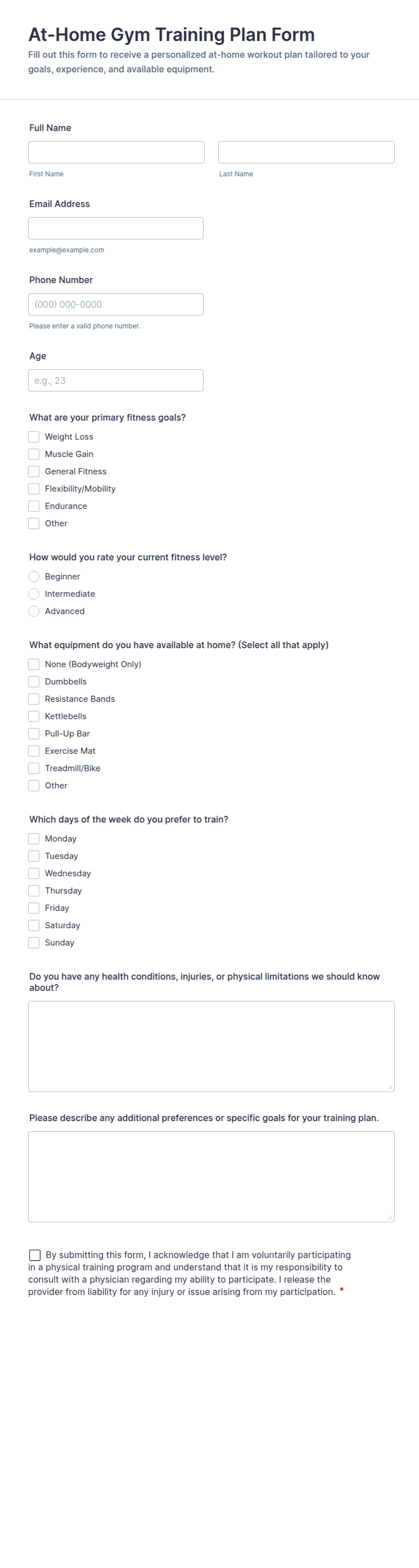 At-Home Gym Training Plan Form Template | Jotform