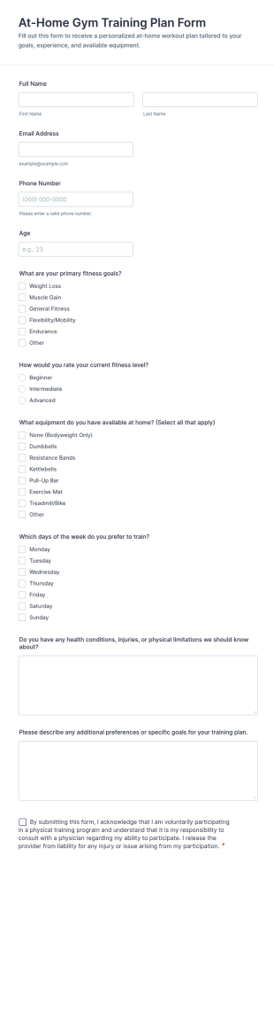 At Home Gym Training Plan Form Template