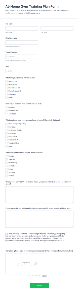 At Home Gym Training Plan Form Template