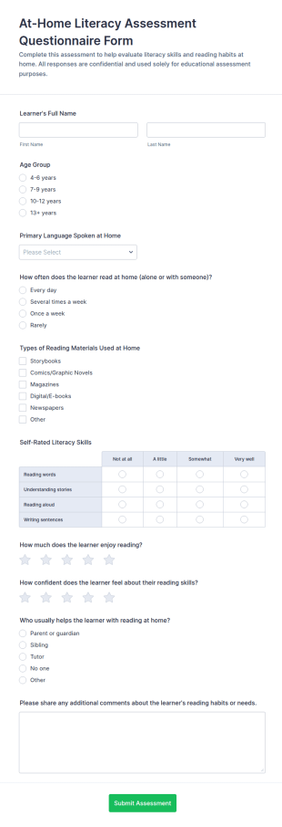At Home Literacy Assessment Questionnaire Form Template