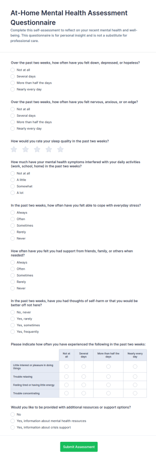 At Home Mental Health Assessment Questionnaire Form Template