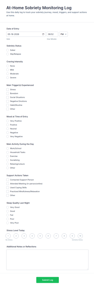 At Home Sobriety Monitoring Log Form Template