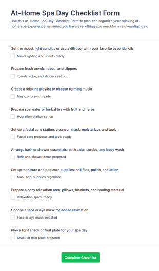 At Home Spa Day Checklist Form Template