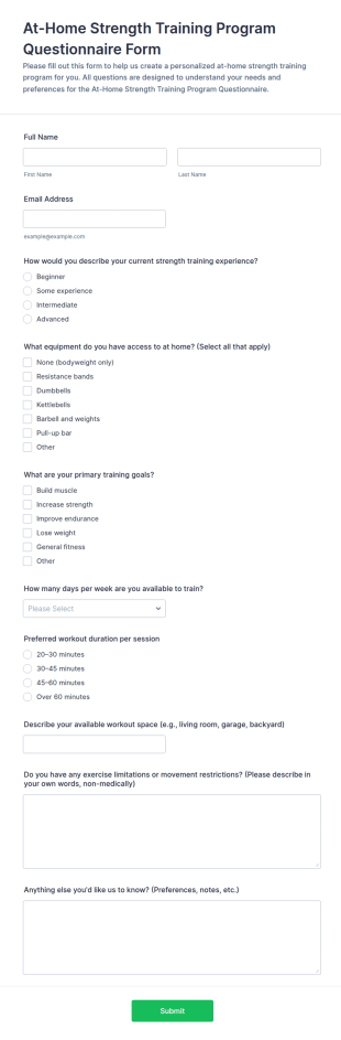 At Home Strength Training Program Questionnaire Form Template