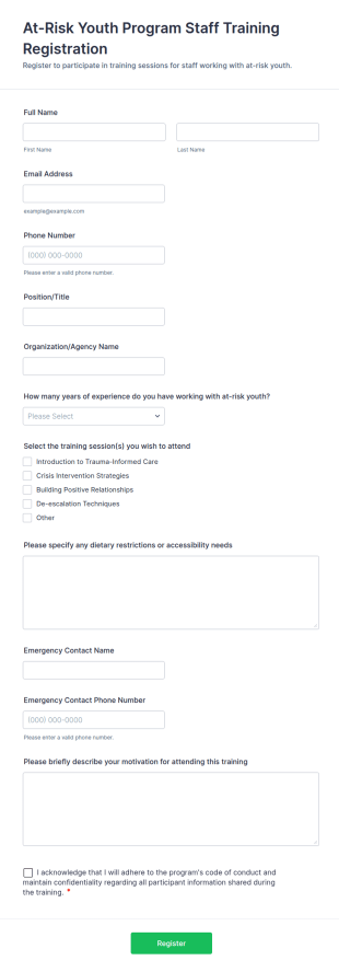 At Risk Youth Program Staff Training Registration Form Template