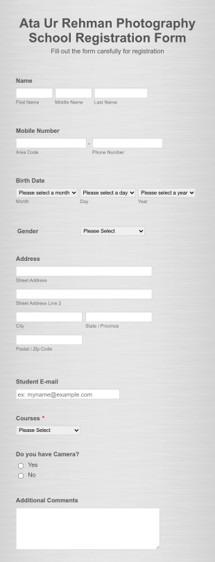Ata Ur Rehman Photography School Registration Form Template