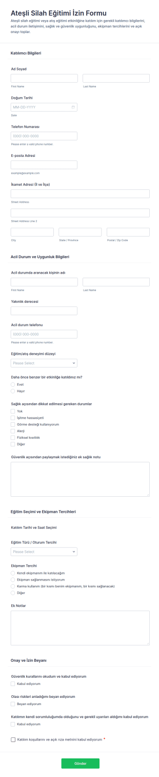 Ateşli Silahlar Eğitim Serbest Bırakma Form Şablonu