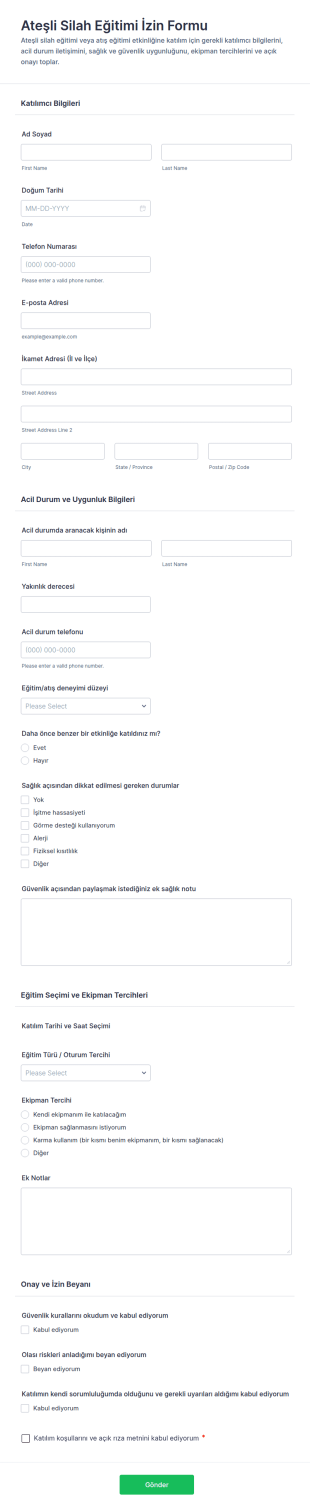 Ateşli Silahlar Eğitim Serbest Bırakma Form Şablonu