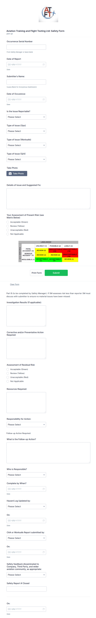 Aviation Training And Flight Testing Safety Form Template