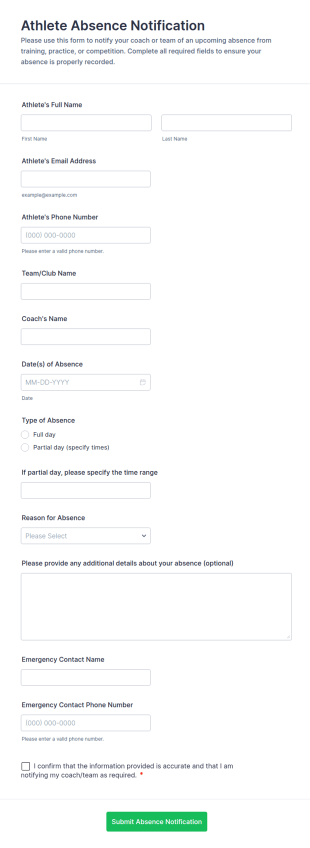 Athlete Absence Notification Form Template