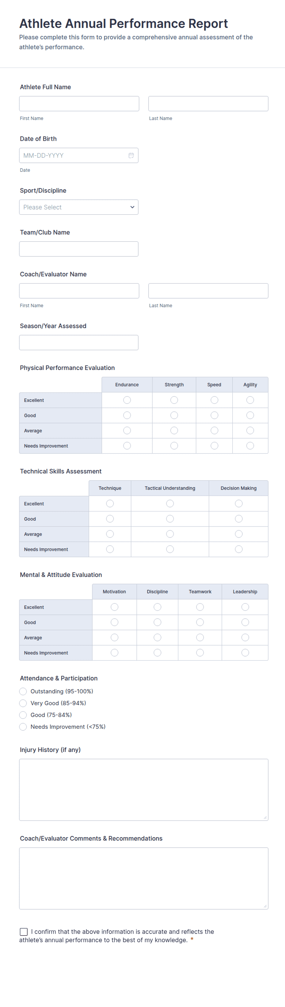 Athlete Annual Performance Report Form Template | Jotform