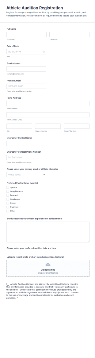 Athlete Audition Registration Form Template