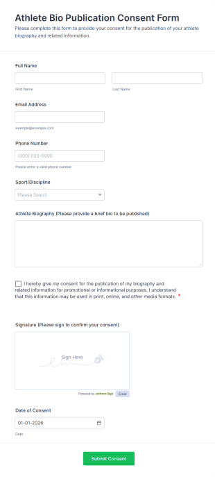 Athlete Bio Publication Consent Form Template