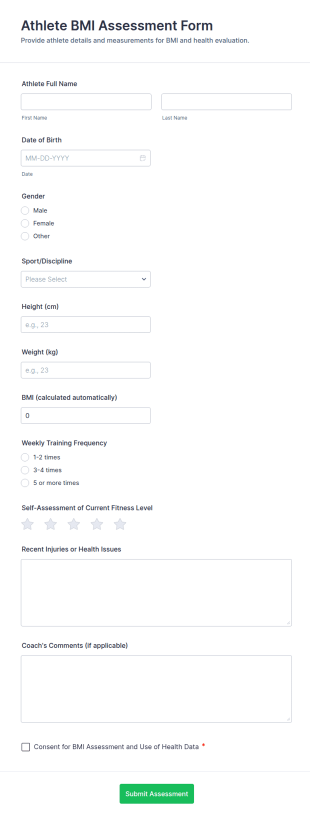 Athlete BMI Assessment Form Template