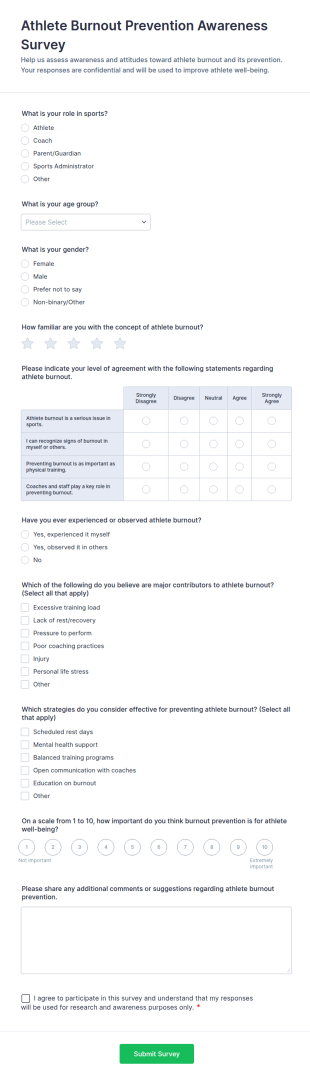 Athlete Burnout Prevention Awareness Survey Form Template