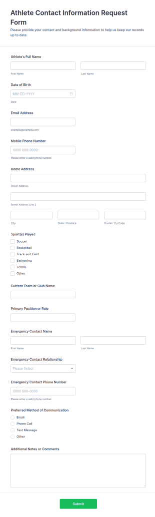 Athlete Contact Information Request Form Template