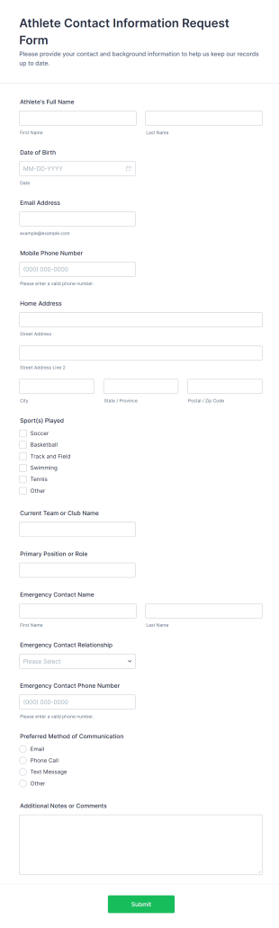 Athlete Contact Information Request Form Template