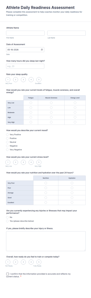 Athlete Daily Readiness Assessment Form Template