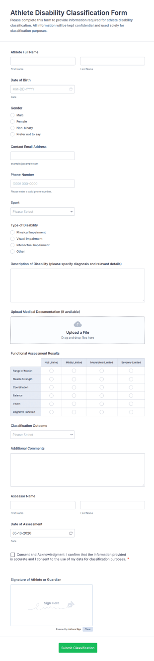 Athlete Disability Classification Form Template