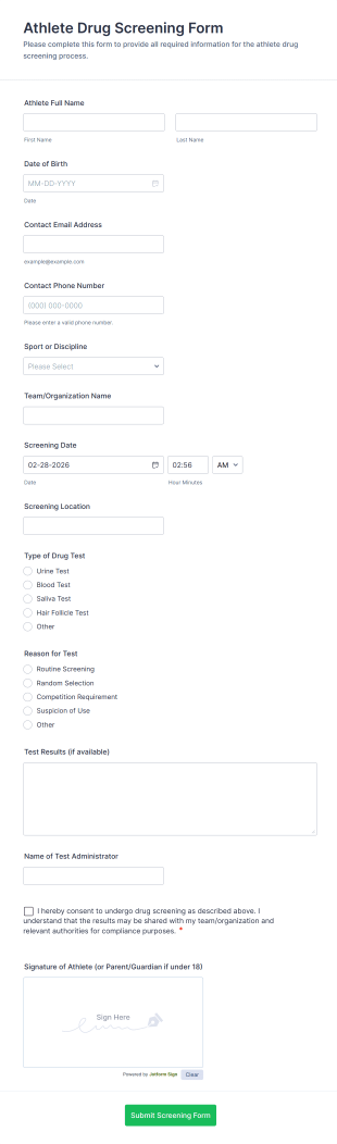 Athlete Drug Screening Form Template