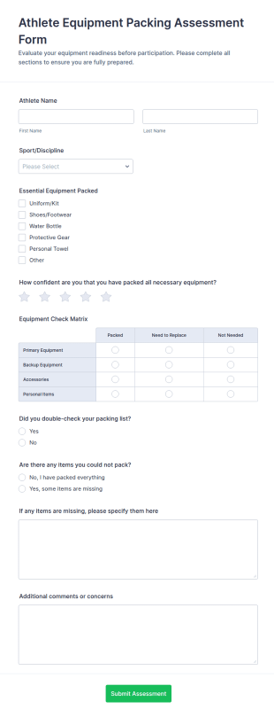 Athlete Equipment Packing Assessment Form Template