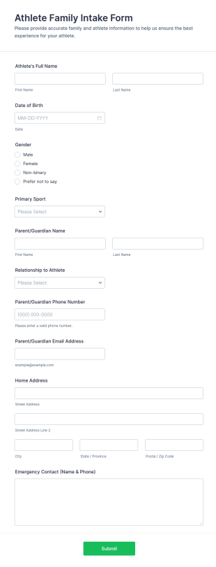 Athlete Family Intake Form Template