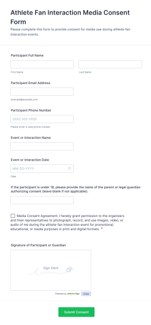 Athlete Fan Interaction Media Consent Form Template