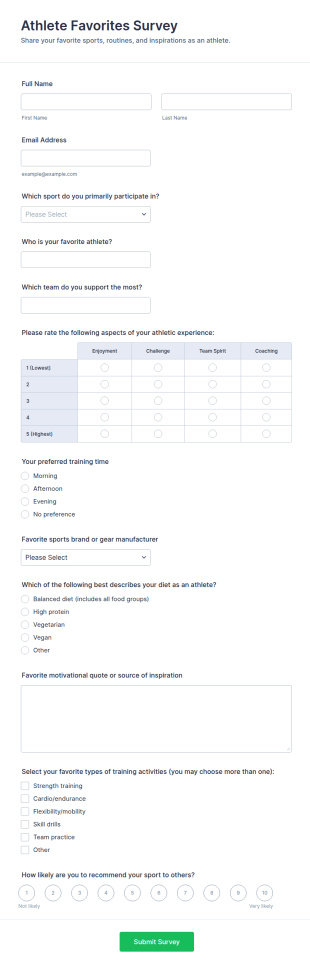 Athlete Favorites Survey Form Template