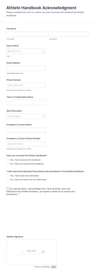 Athlete Handbook Acknowledgment Form Template