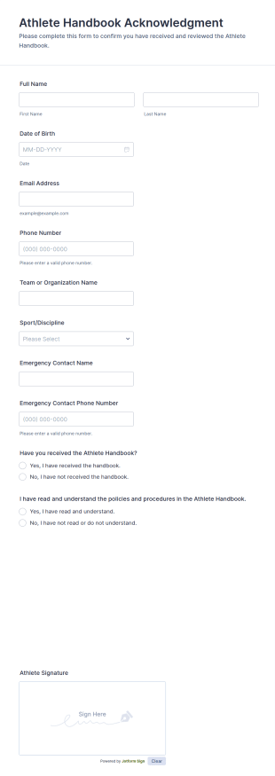 Athlete Handbook Acknowledgment Form Template