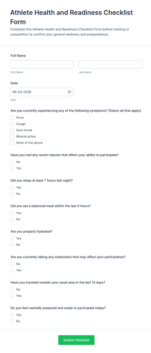Athlete Health And Readiness Checklist Form Template