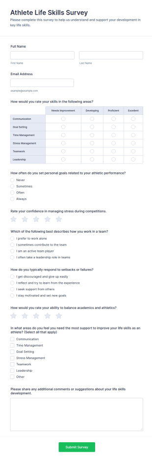 Athlete Life Skills Survey Form Template