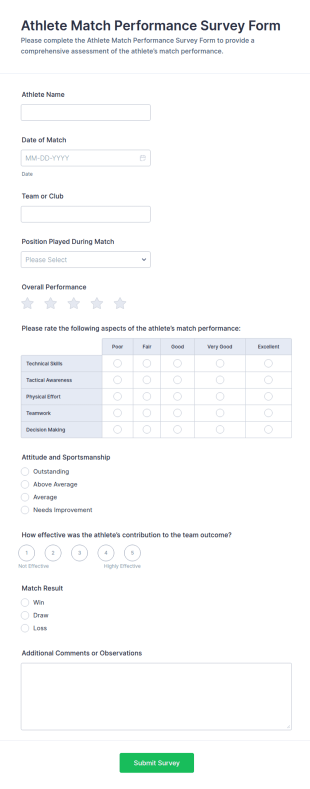 Athlete Match Performance Survey Form Template