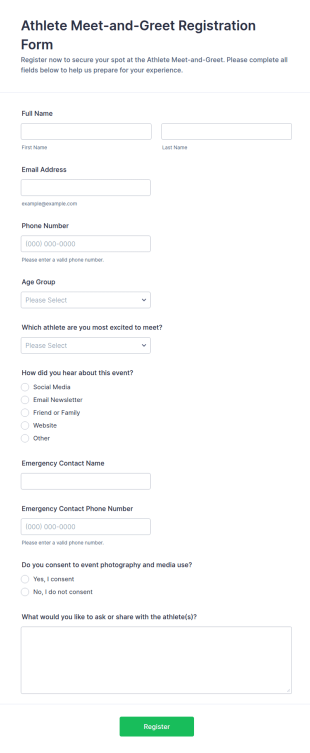 Athlete Meet And Greet Registration Form Template