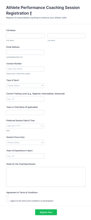 Athlete Performance Coaching Session Registration 🏅 Form Template