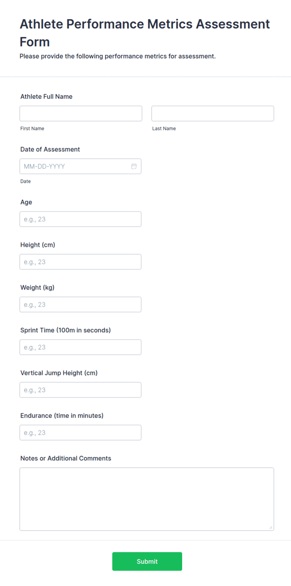 Fillable Performance Measure Image Athlete Performance Metrics Assessment Form Template | Jotform