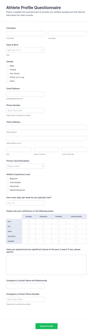 Athlete Profile Questionnaire Form Template