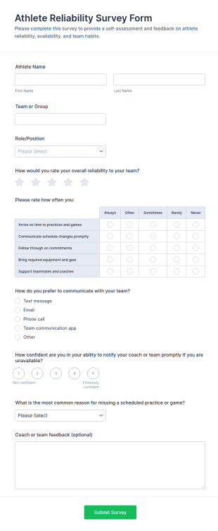 Athlete Reliability Survey Form Template