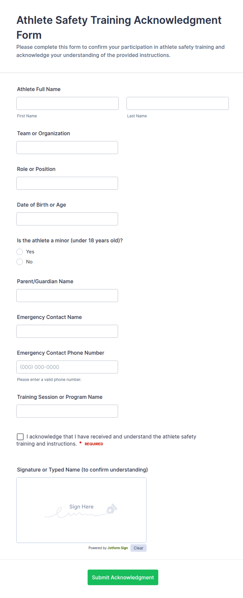 Athlete Safety Training Acknowledgment Form Template | Jotform