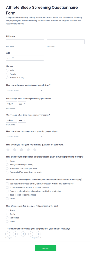 Athlete Sleep Screening Questionnaire Form Template